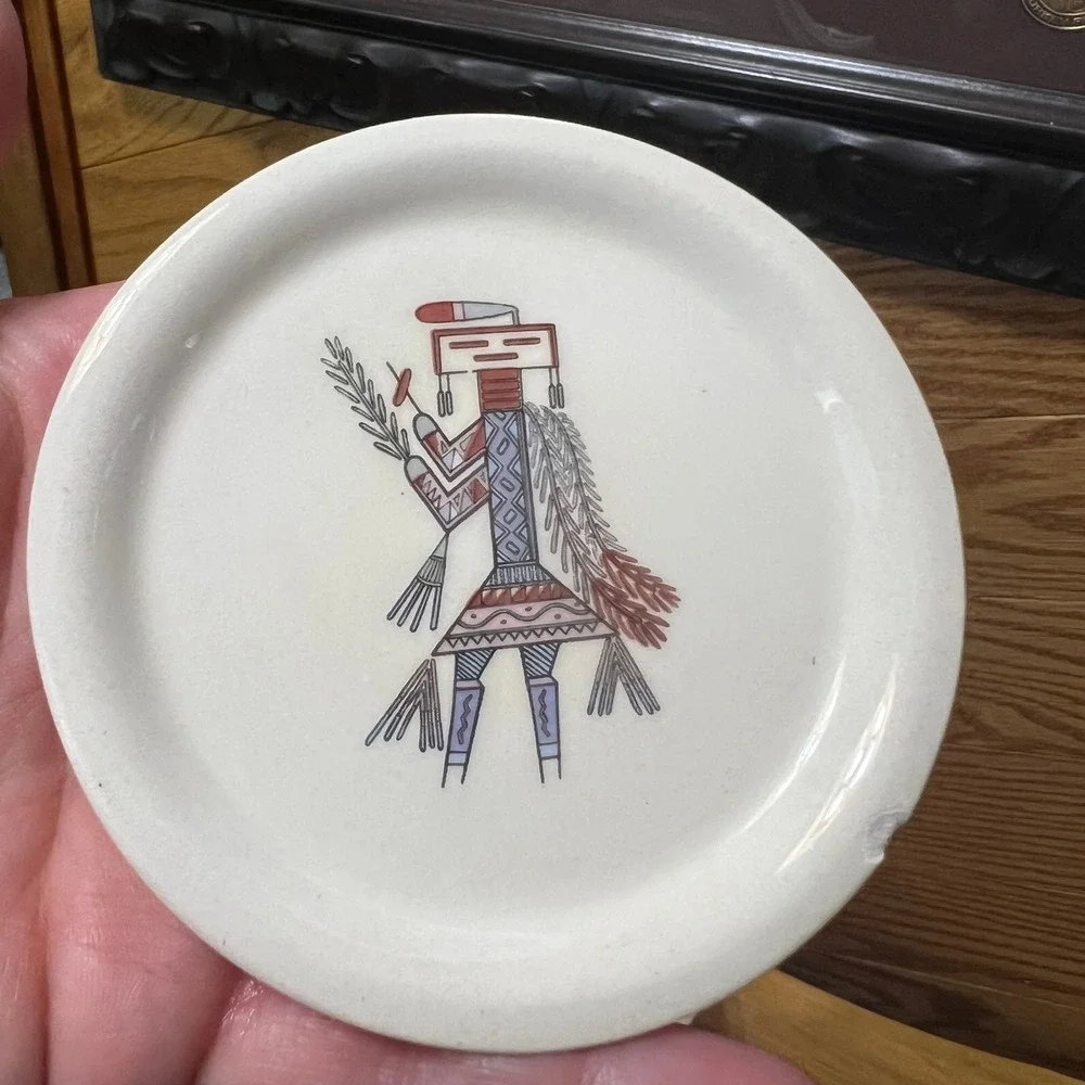 Vtg‎ Signed Handcrafted Southwestern Pottery Coaster Set 8 Pieces Matching Crock